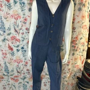 Vintage Lizsport Blue Relaxed Fit V-Neck Pantsuit